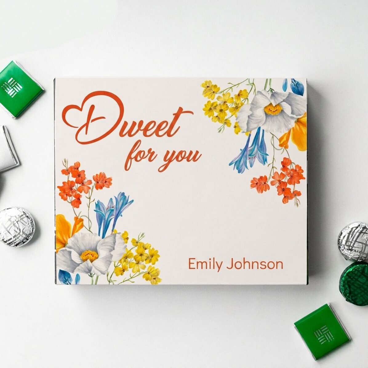 Caja de bombones personalizada con texto - Flores de primavera