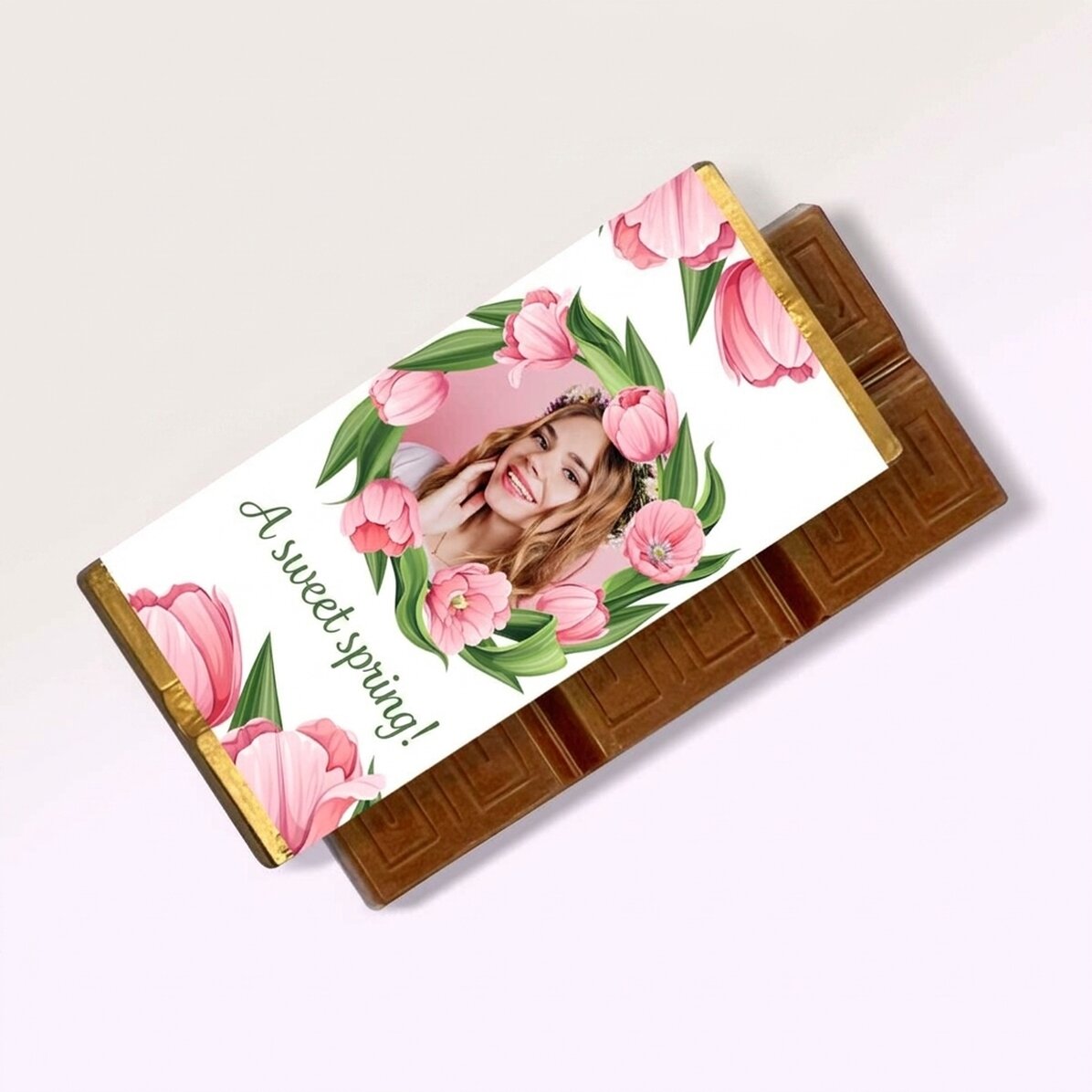 Mini tableta de chocolate personalizada con mensaje y foto: ¡Una primavera dulce!