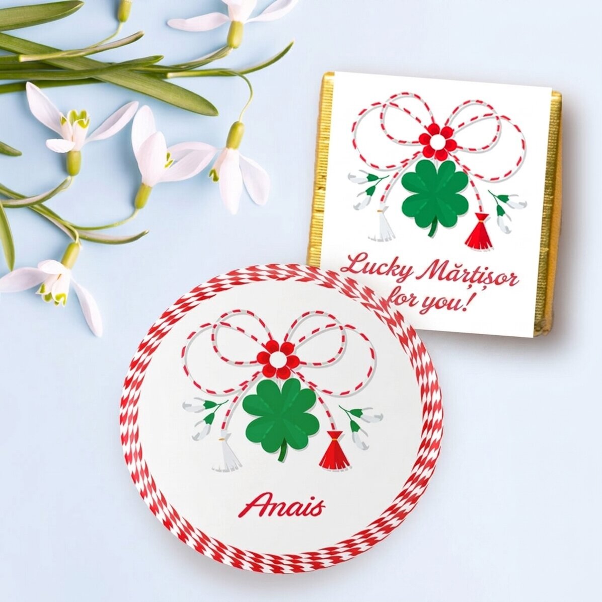 Set de regalo de Martisor con mini bombón y una insignia personalizada con el nombre - Noroc