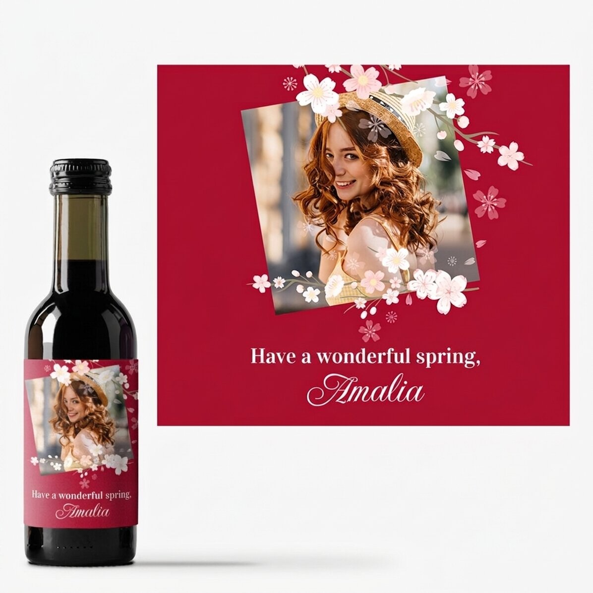 Mini botella de vino personalizada con mensaje y foto - Una primavera maravillosa