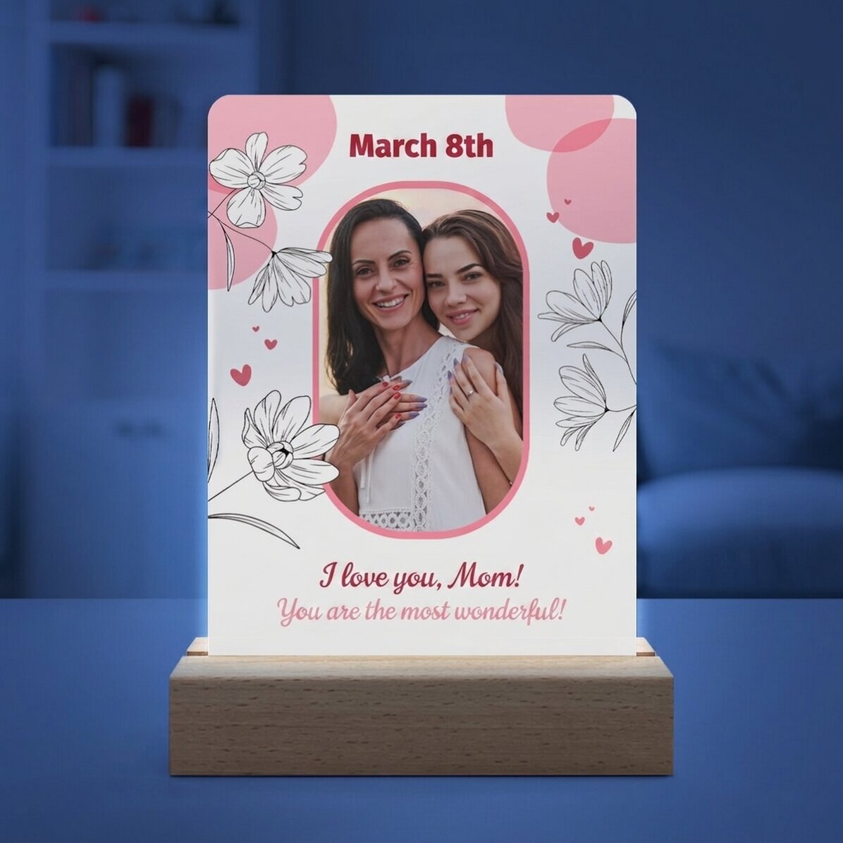 Lámpara LED de noche personalizada con una foto y un texto - Floral