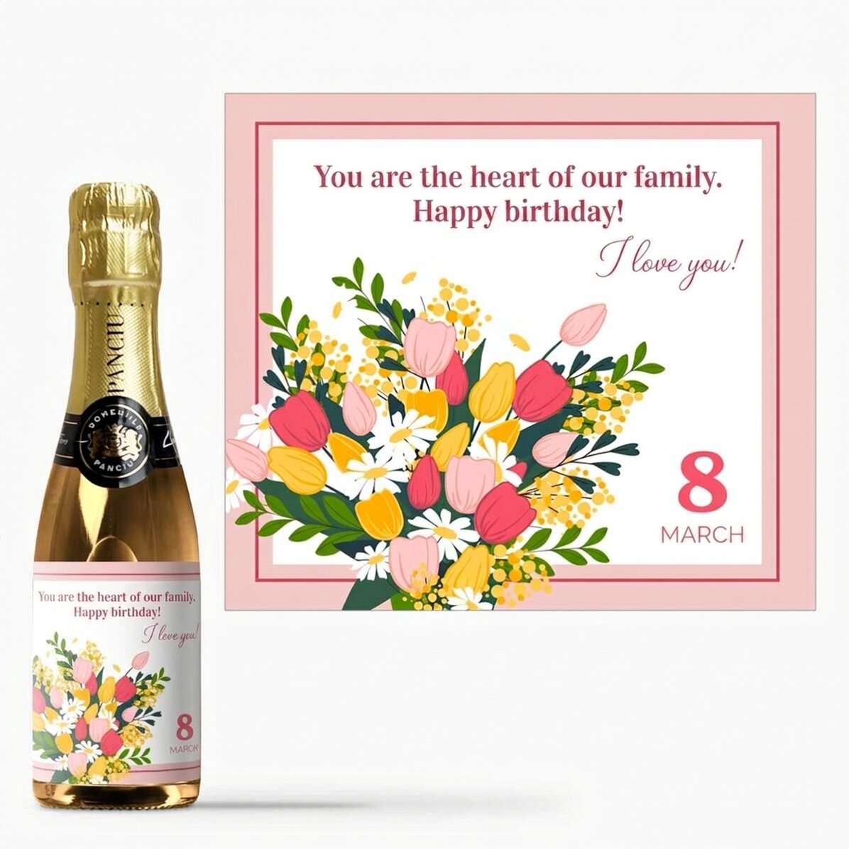 Mini botella de vino espumoso personalizada con texto - Flores