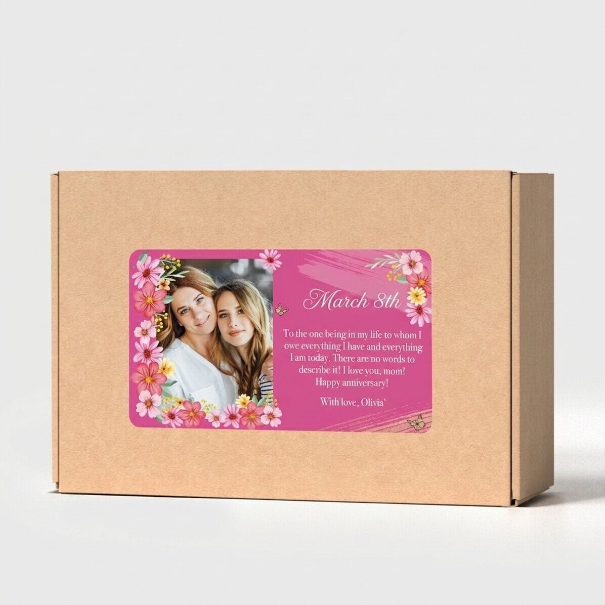 Caja de cartón artesanal personalizada con pegatina con foto y mensaje - Floral