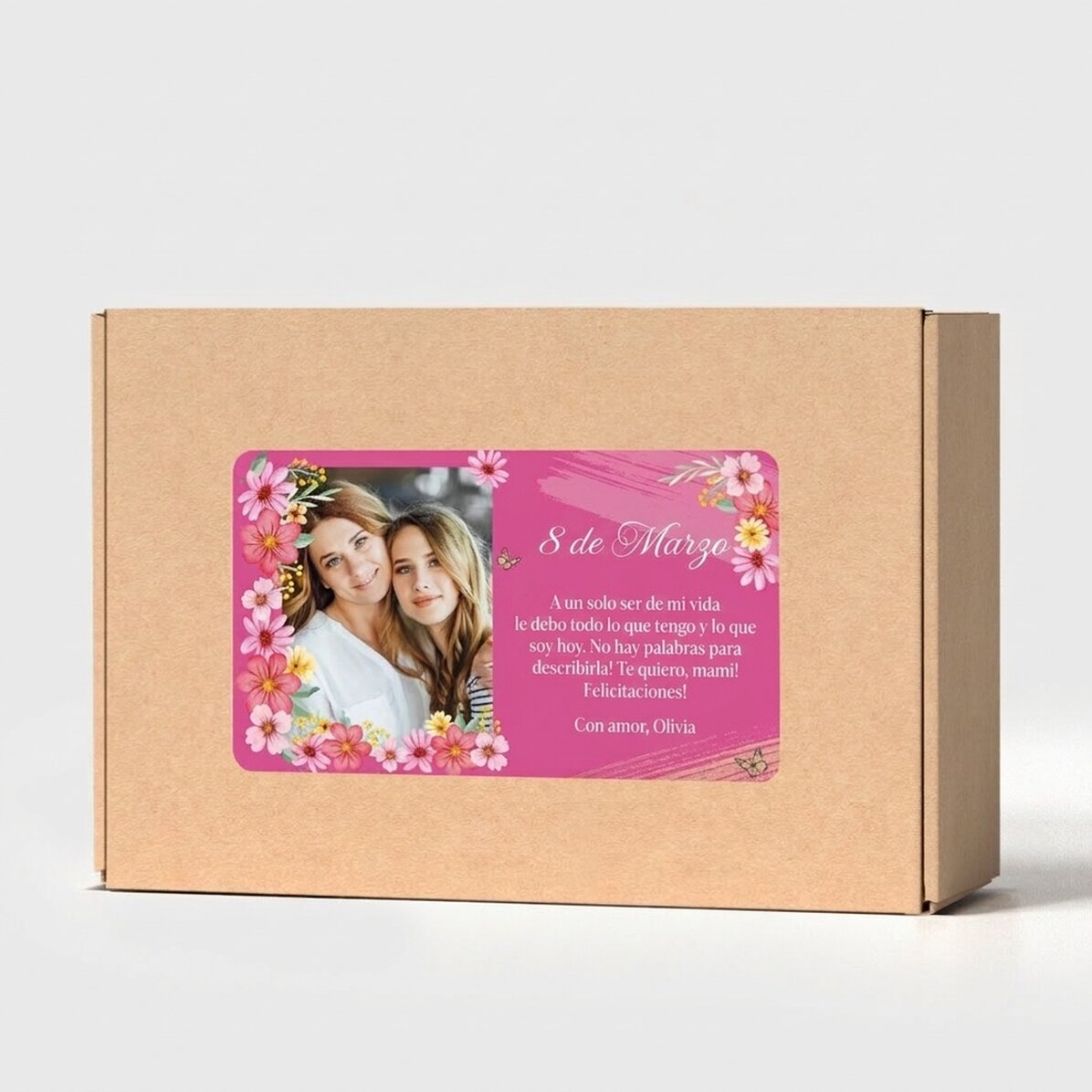Caja de cartón artesanal personalizada con pegatina con foto y mensaje - Floral