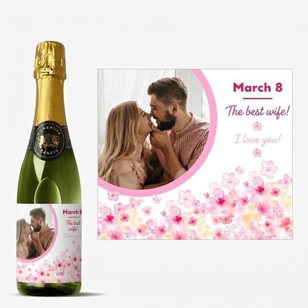Medium bottle of sparkling wine personalised with text and photo - Flowers