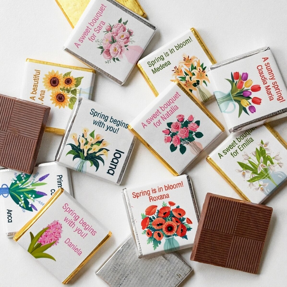 Lote de 10 minichocolates personalizados con texto - Flowers