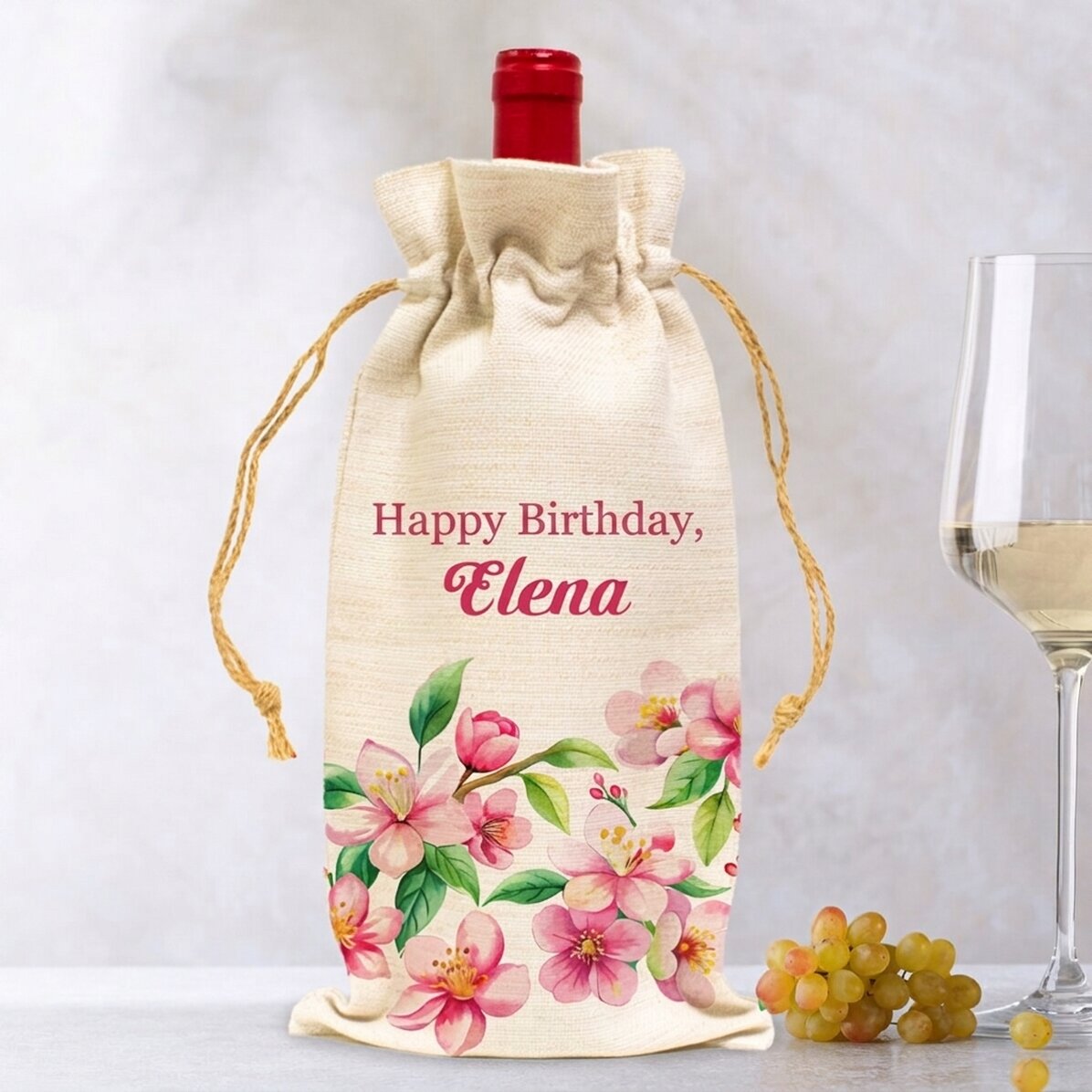 Bolsita para botella de vino personalizada con mensaje - Flores
