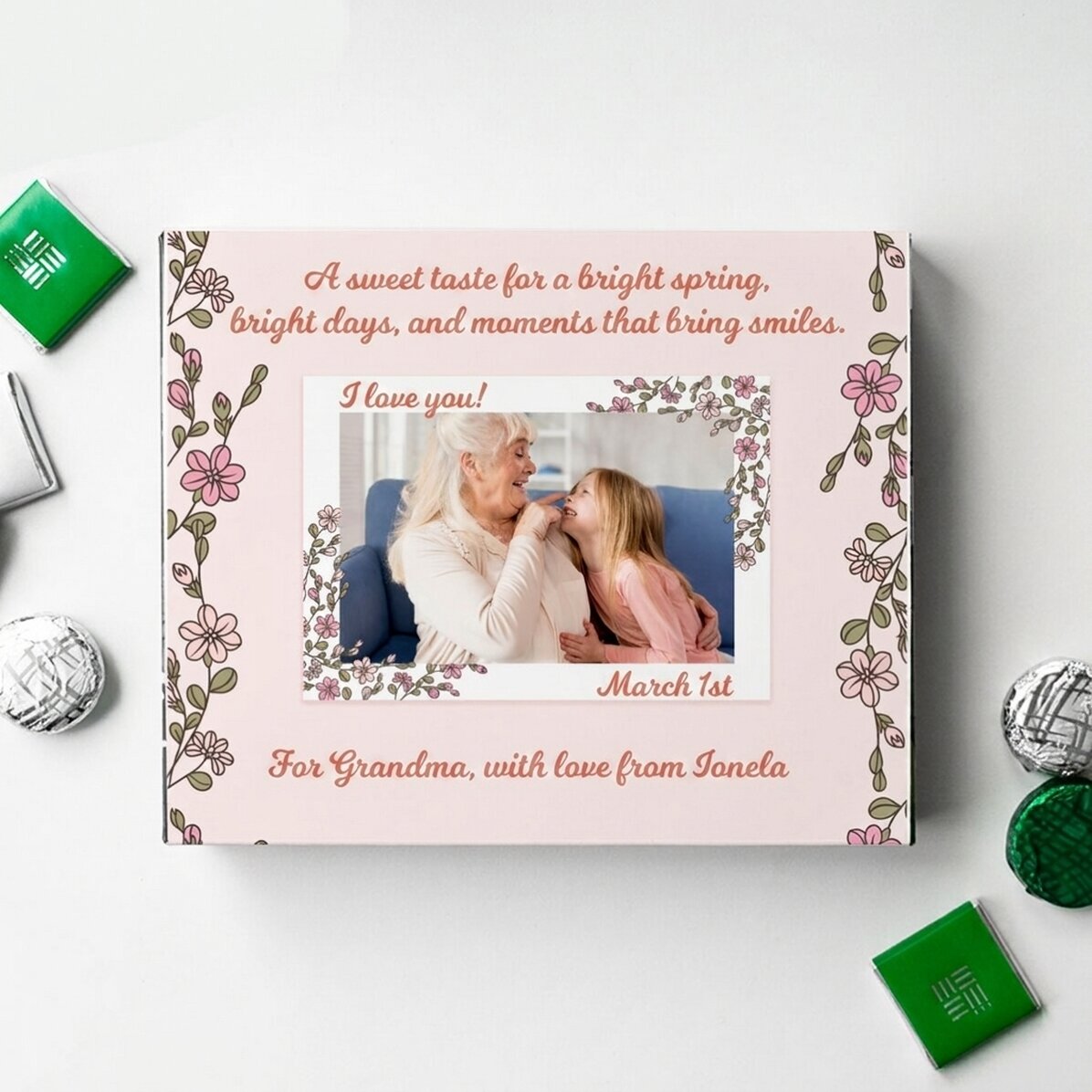 Caja de bombones personalizada con foto y texto - Floricele