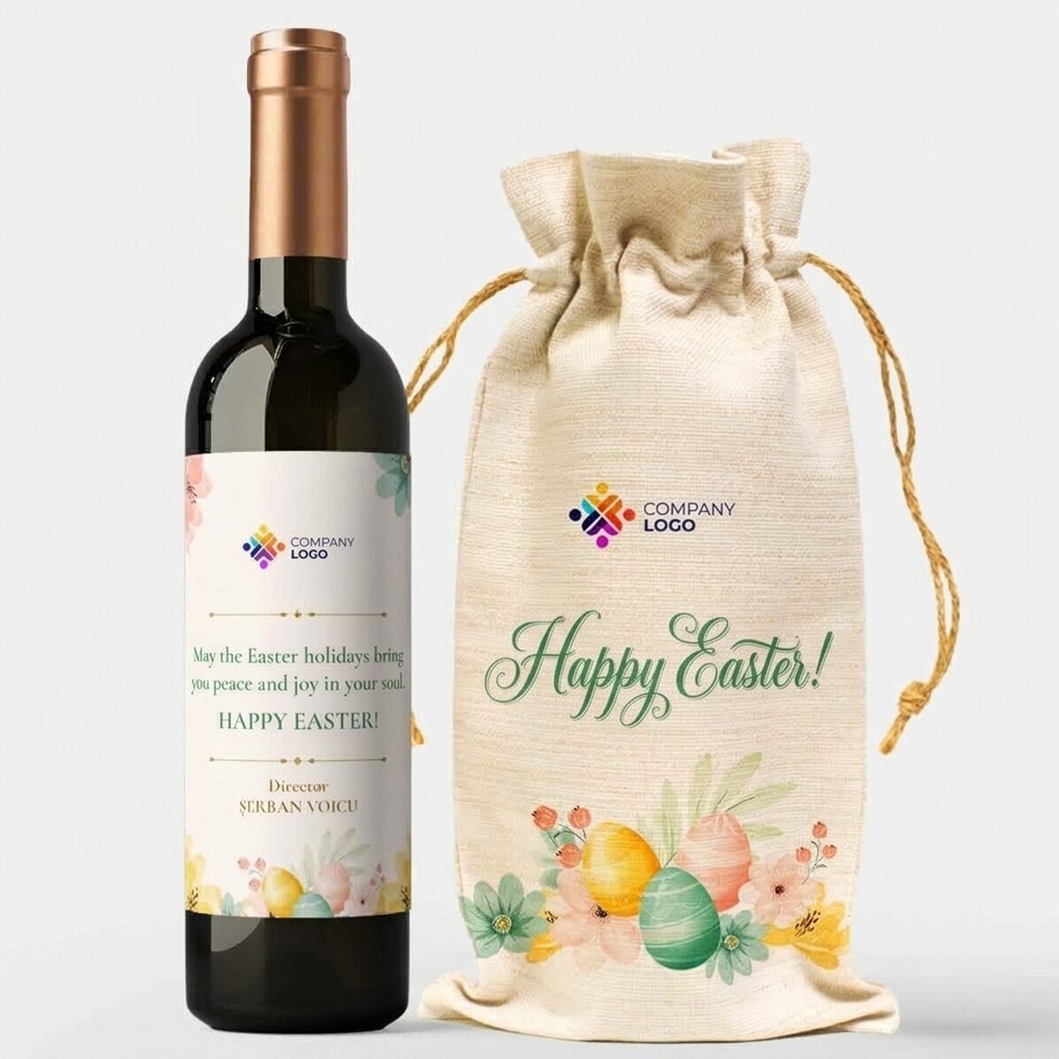 Lote de regalo con botella y bolsita de vino personalizadas con el logotipo - ¡Felices Pascuas!