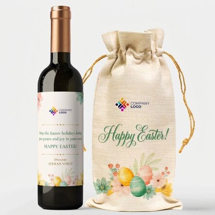 Lote de regalo con botella y bolsita de vino personalizadas con el logotipo - ¡Felices Pascuas!