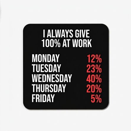 Posavasos con texto: «100 % en el trabajo»