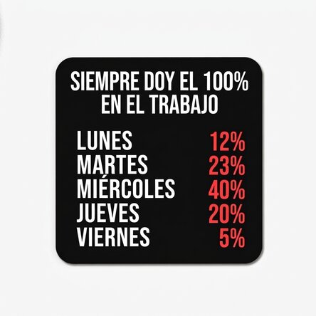 Posavasos con texto: «100 % en el trabajo»