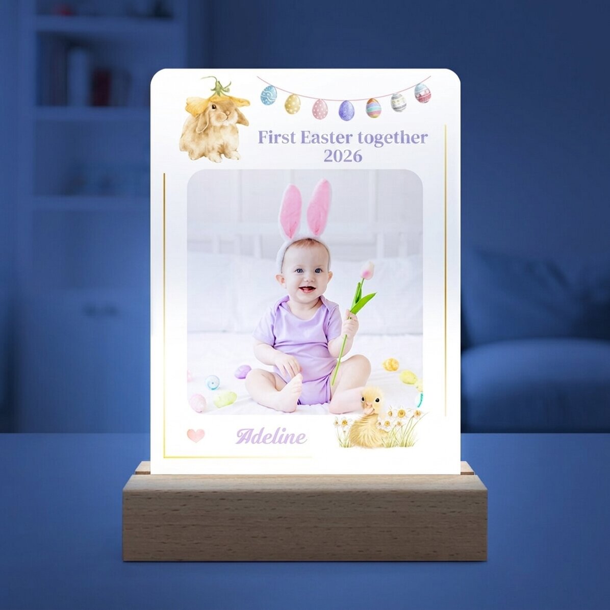 Lámpara LED de noche personalizada con una foto y un texto - Primera Pascua