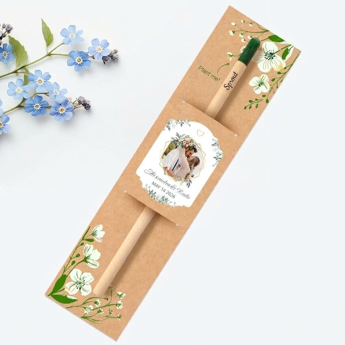 Lápiz plantable personalizado con foto y mensaje - Recuerdo de boda