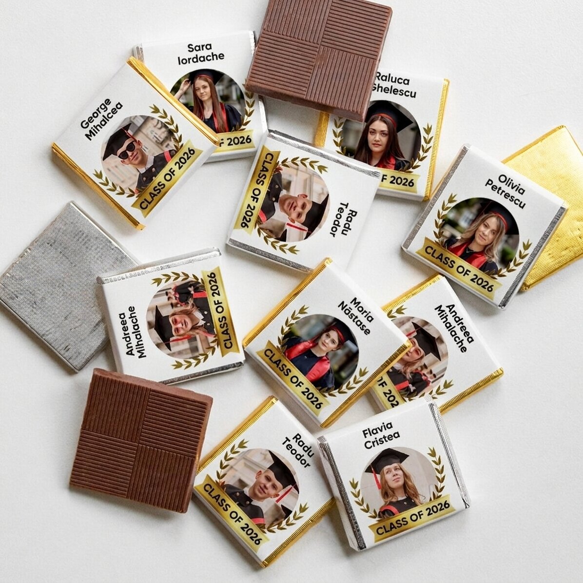 Lote de 10 minichocolates personalizados con texto y foto para graduados
