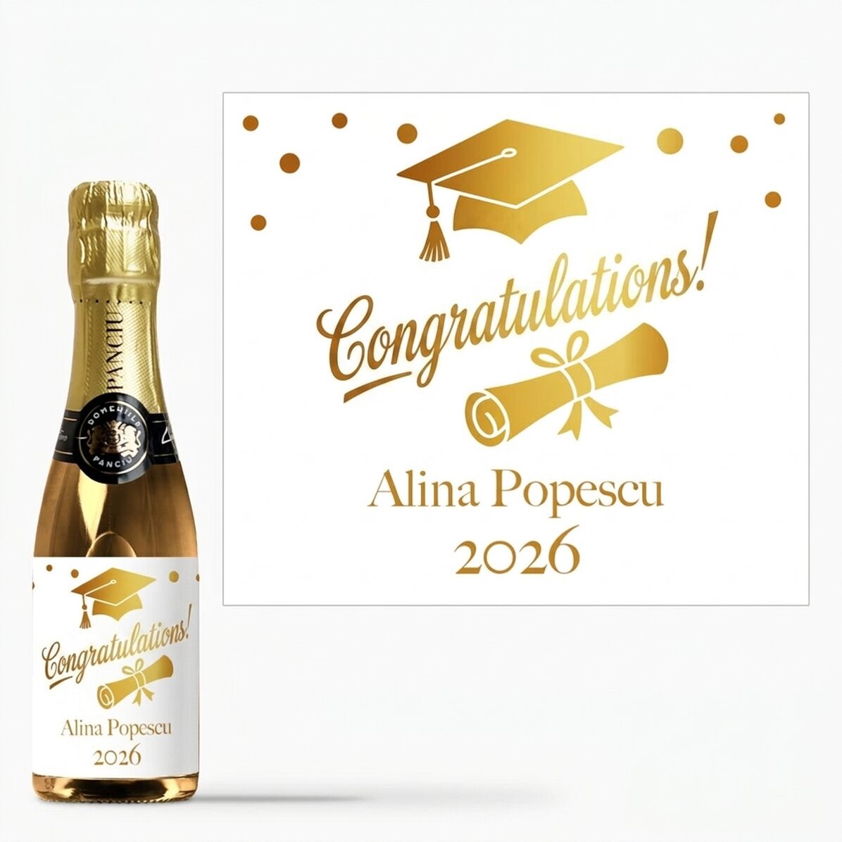 Mini botella de vino espumoso personalizada con un mensaje de graduación - Dorado