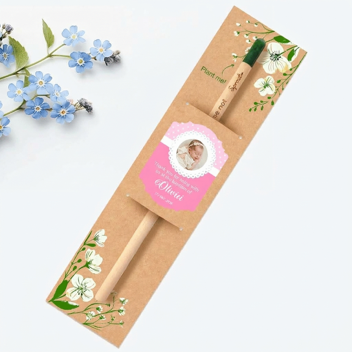 Lápiz plantable personalizado con foto y mensaje - Recuerdo de bautizo