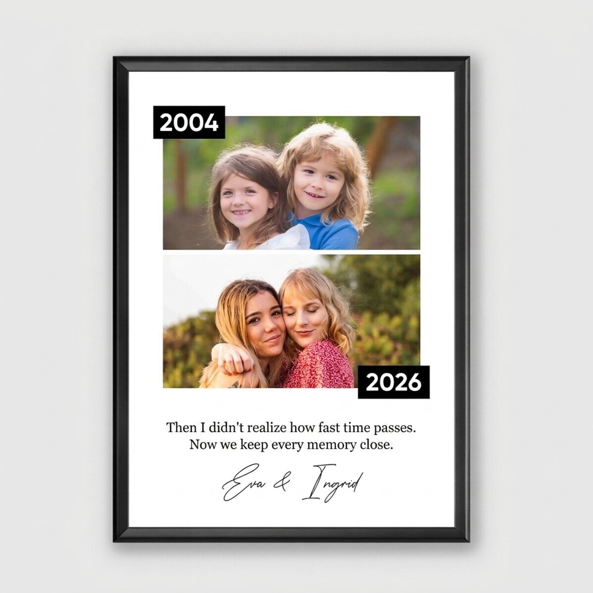 Cuadro personalizado con 2 fotos y un mensaje: «Entonces y ahora»