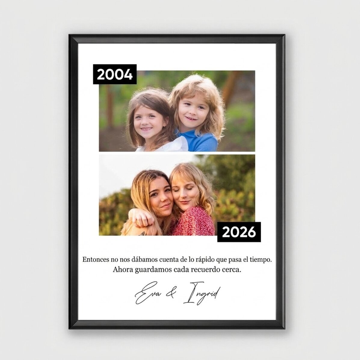 Cuadro personalizado con 2 fotos y un mensaje: «Entonces y ahora»