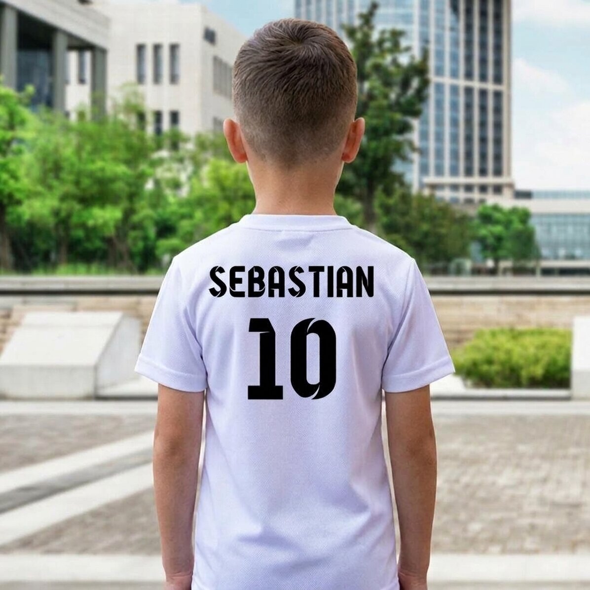 Camiseta deportiva para niños personalizada en la espalda con nombre y número - modelo de fútbol
