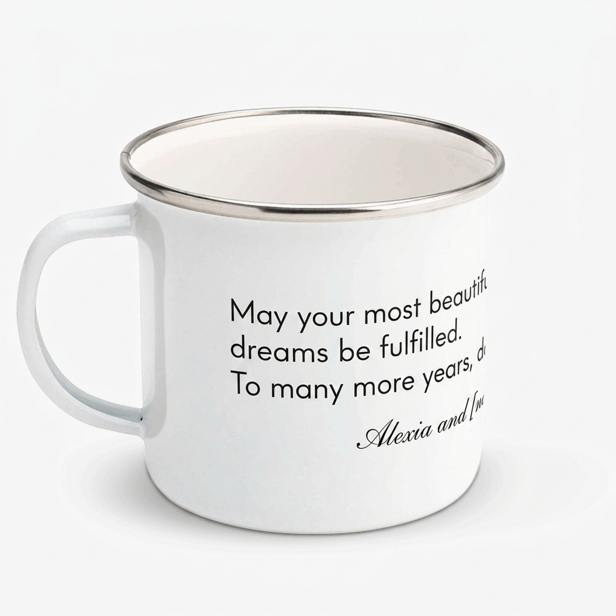 Taza metálica esmaltada personalizada con mensaje