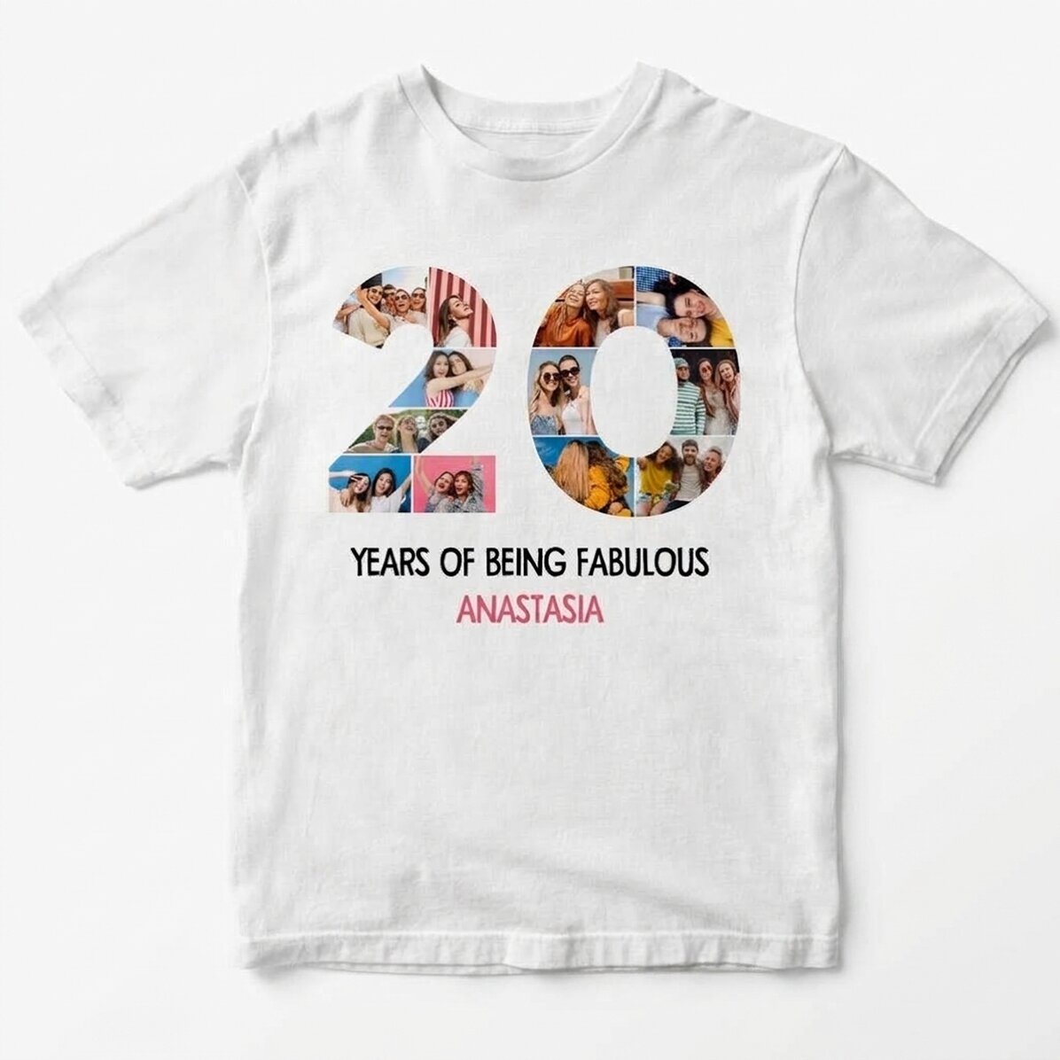 Camiseta de algodón personalizada con 12 fotos y un mensaje: «20 años»