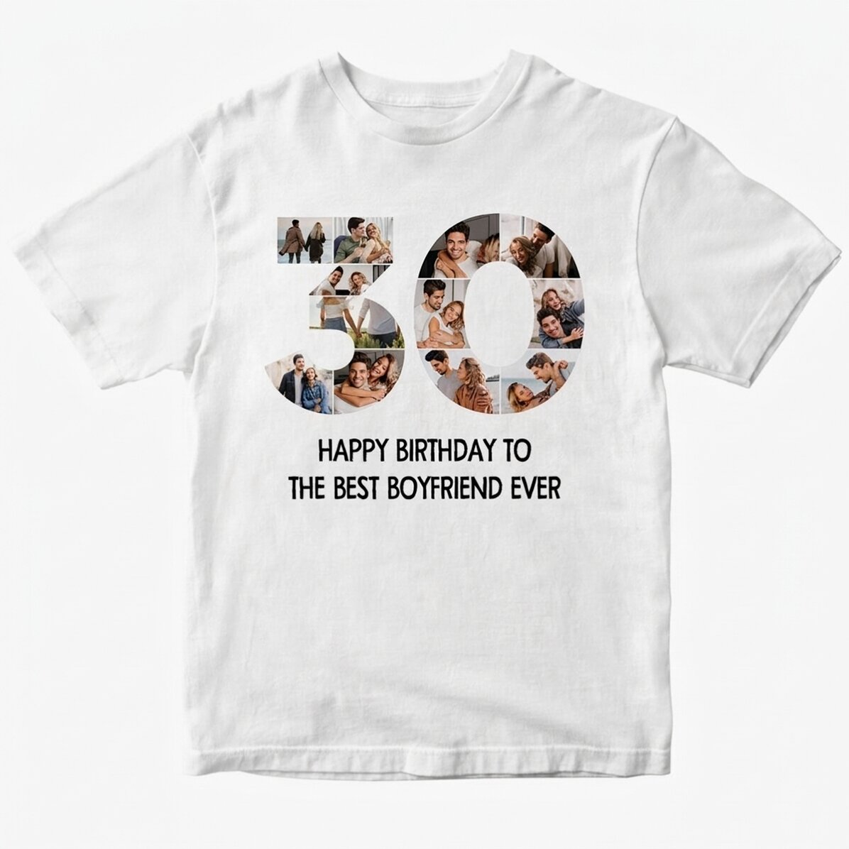 Camiseta de algodón personalizada con 12 fotos y un mensaje: «30 años»