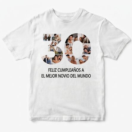 Camiseta de algodón personalizada con 12 fotos y un mensaje: «30 años»
