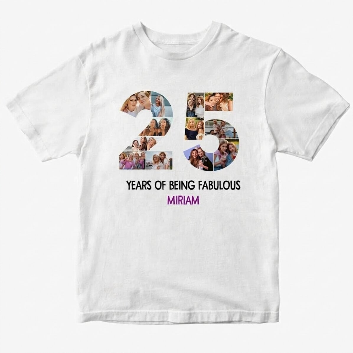 Camiseta de algodón personalizada con 12 fotos y un mensaje: «25 años»