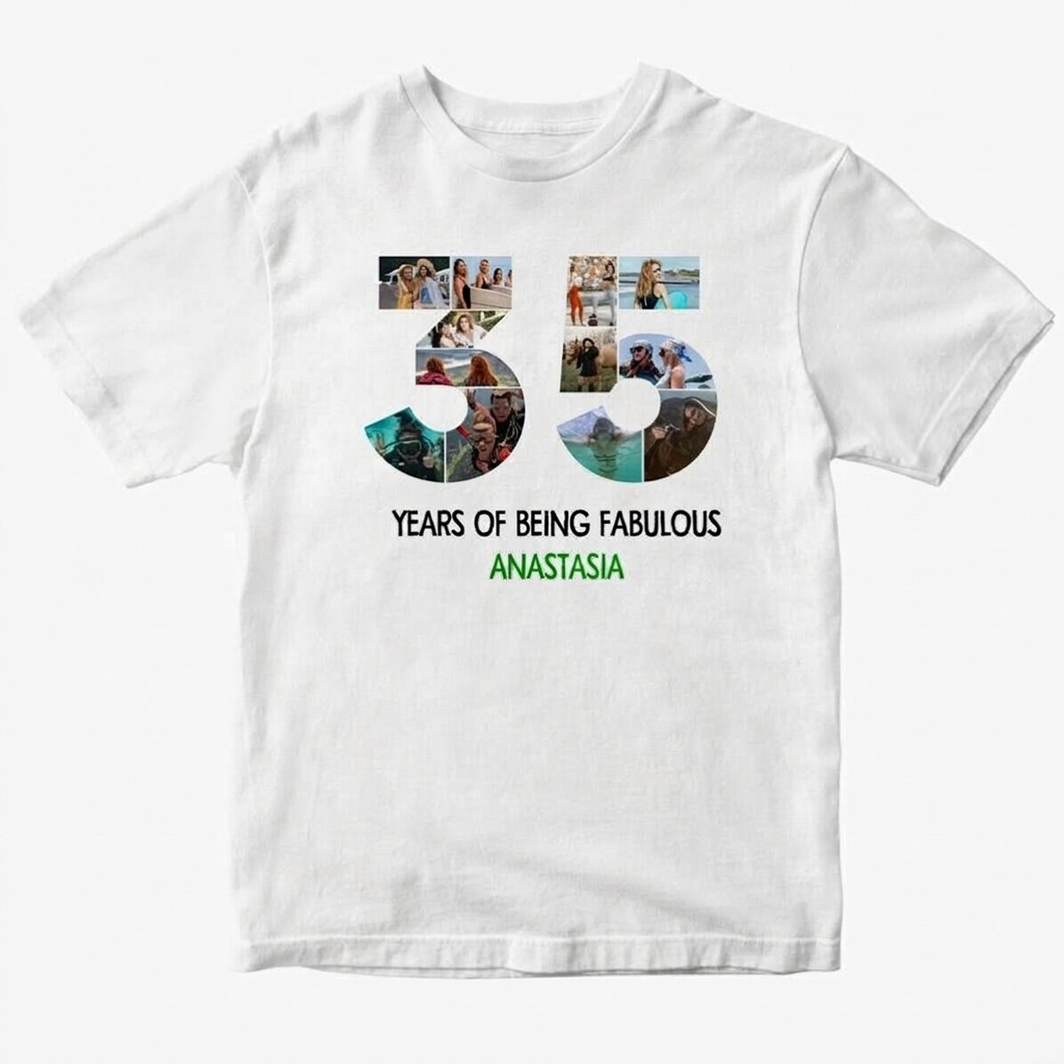 Camiseta de algodón personalizada con 12 fotos y un mensaje - 35 años