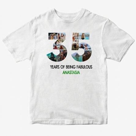Personalised cotton T-shirt with 12 photos and a message – 35 years