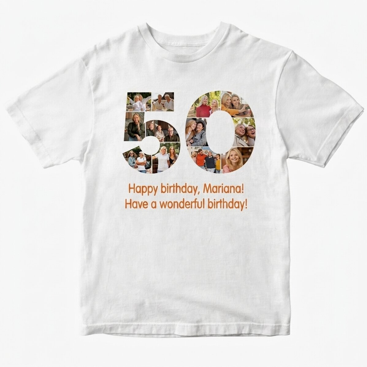 Camiseta de algodón personalizada con 12 fotos y un mensaje: «50 años»