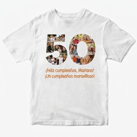 Camiseta de algodón personalizada con 12 fotos y un mensaje: «50 años»