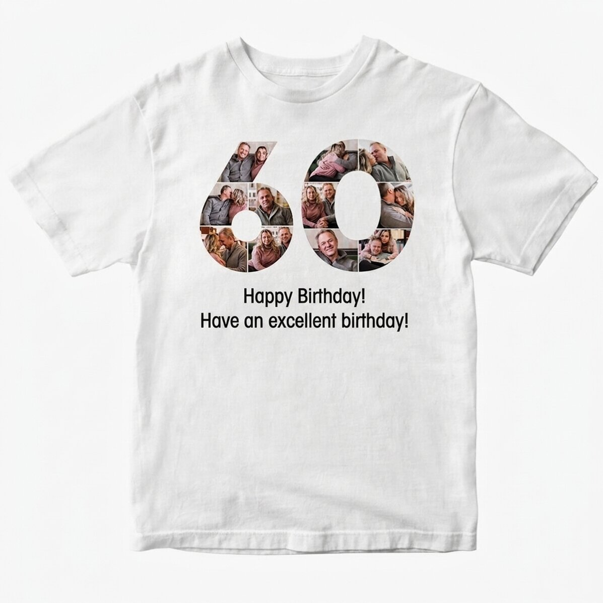 Camiseta de algodón personalizada con 11 fotos y un mensaje: 60 años