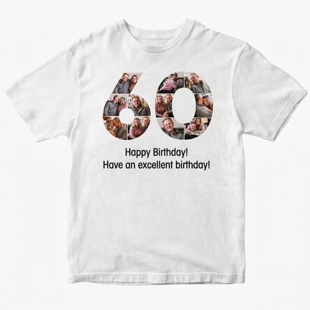 Personalised cotton T-shirt with 11 photos and a message – 60th birthday