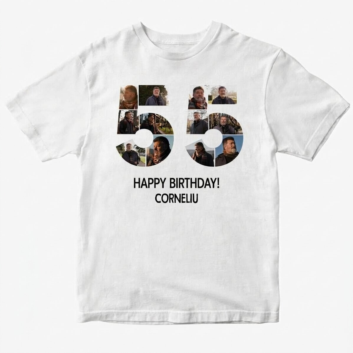 Camiseta de algodón personalizada con 12 fotos y un mensaje - 55 años
