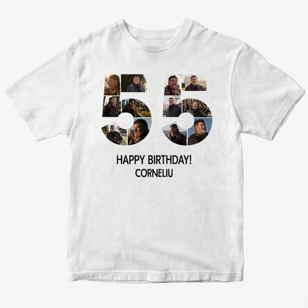 Camiseta de algodón personalizada con 12 fotos y un mensaje - 55 años