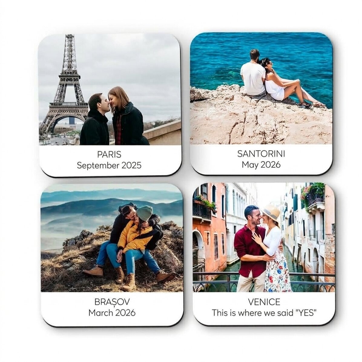 Juego de 4 posavasos personalizados con texto y fotos