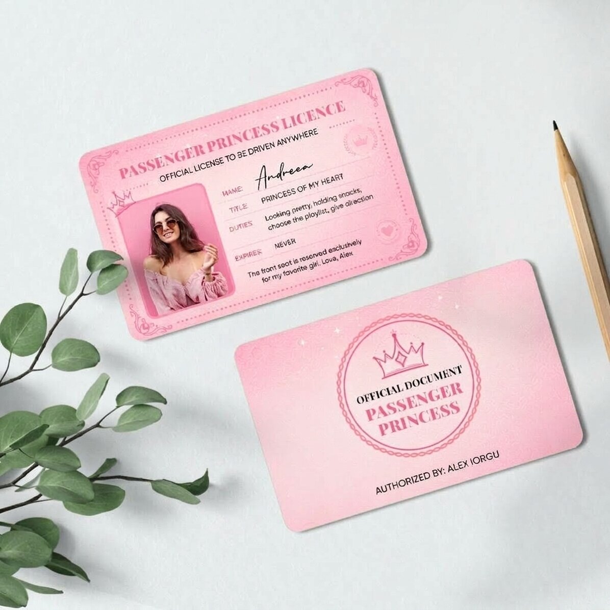 Tarjeta de aluminio personalizada por ambas caras con una foto y un texto - Passenger Princess