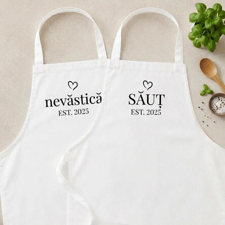 Personalised aprons for couples with a message