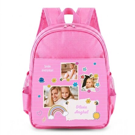 Mochila escolar personalizada con 3 fotos y un mensaje