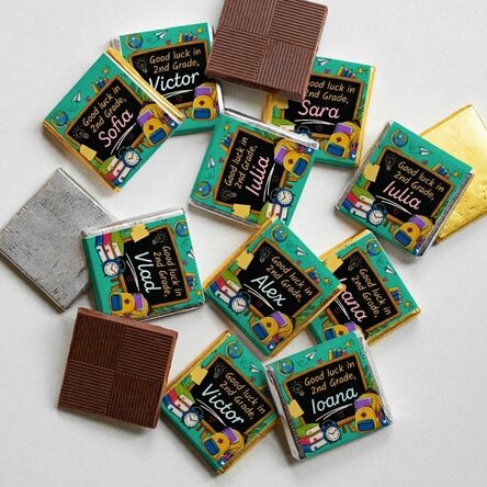 Lote de 10 minichocolates personalizados con un mensaje para el inicio del curso escolar