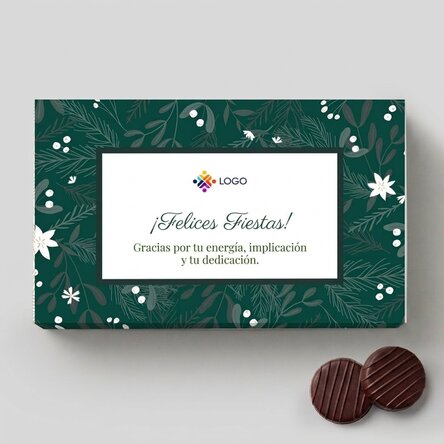 Caja de bombones rellenos de crema personalizada con logotipo y mensaje: ¡Felices fiestas!