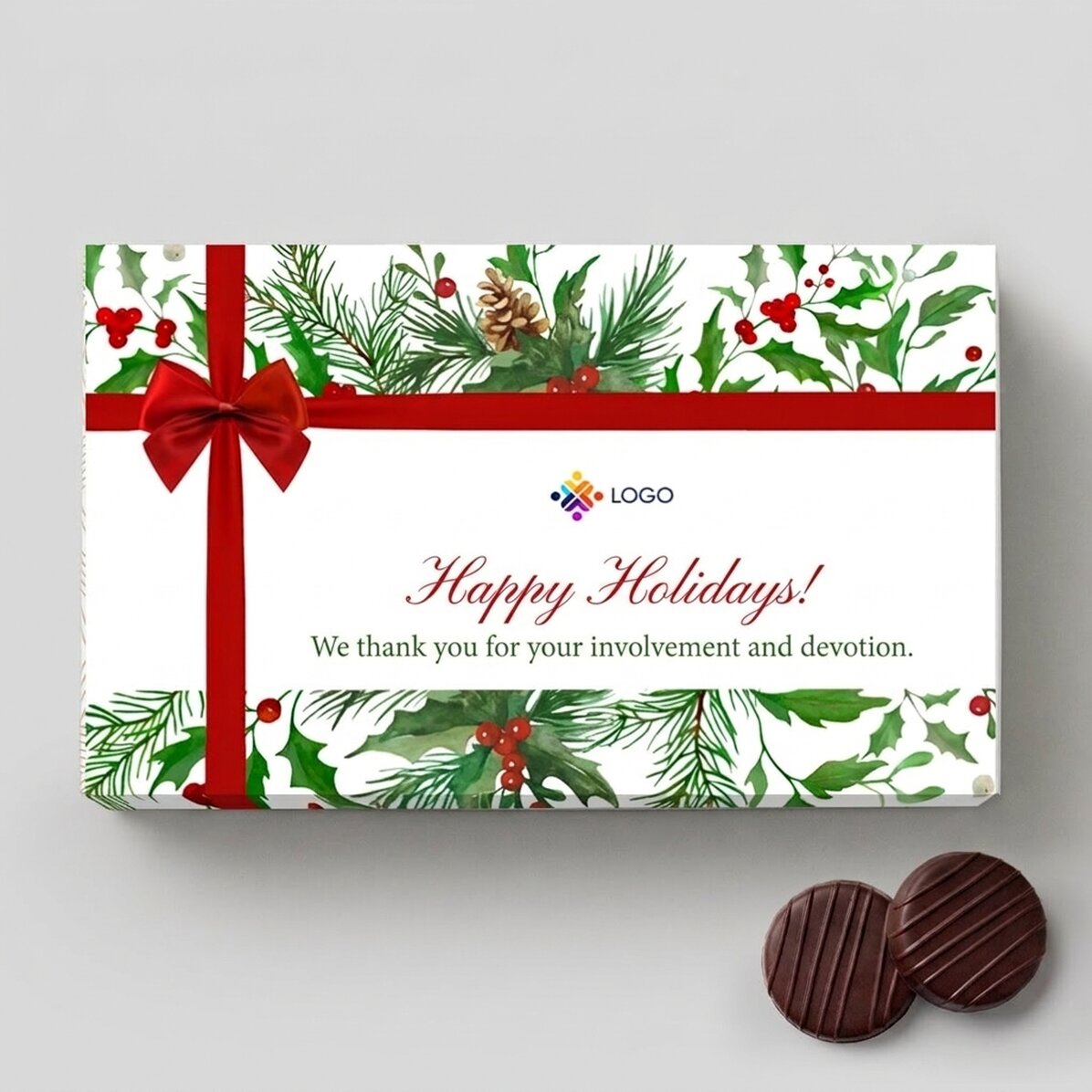 Caja de bombones rellenos de crema con logotipo y mensaje personalizados - modelo navideño