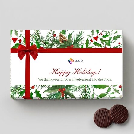 Caja de bombones rellenos de crema con logotipo y mensaje personalizados - modelo navideño