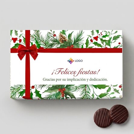 Caja de bombones rellenos de crema con logotipo y mensaje personalizados - modelo navideño