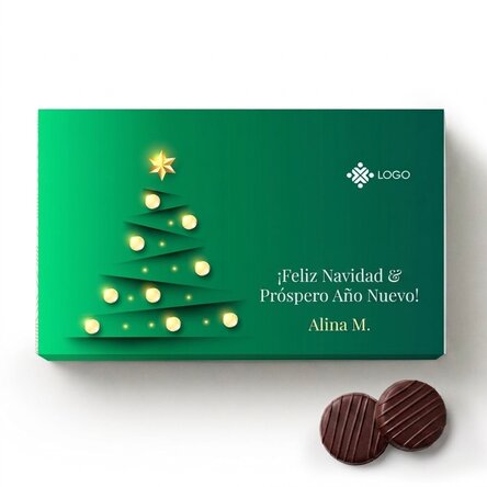 Caja de bombones rellenos de crema personalizada con logotipo y mensaje - Árbol de Navidad