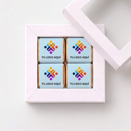 Caja de regalo con 4 minichocolates personalizados con logotipo