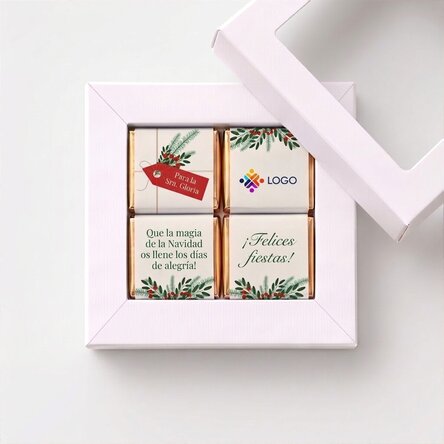 Caja de regalo con 4 minichocolates personalizados con logotipo y mensaje navideño