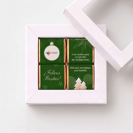 Caja de regalo con 4 mini bombones personalizados con el logotipo y un mensaje para el equipo